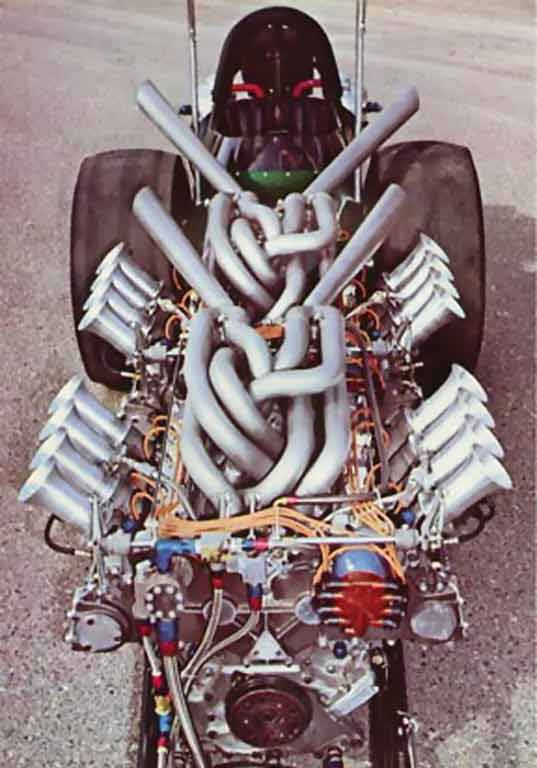 Jim Busby's twin engine dragster powered by two Ford Indy Car engines